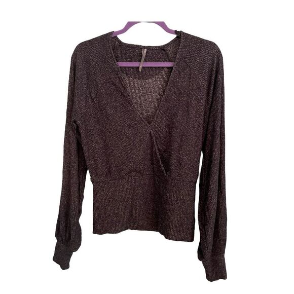 Anthropologie Rocio Surplice Faux Wrap Top Dark Gray Ribbed Knit Long Sleeve M - Picture 2 of 10